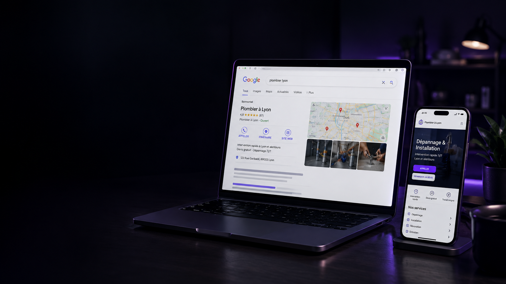 Recherche Google Plombier Lyon sur laptop et téléphone